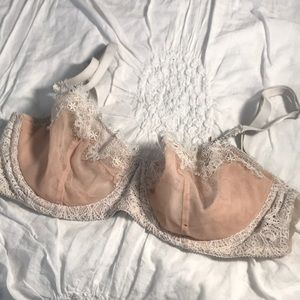 Peach mesh with lace designs along the top